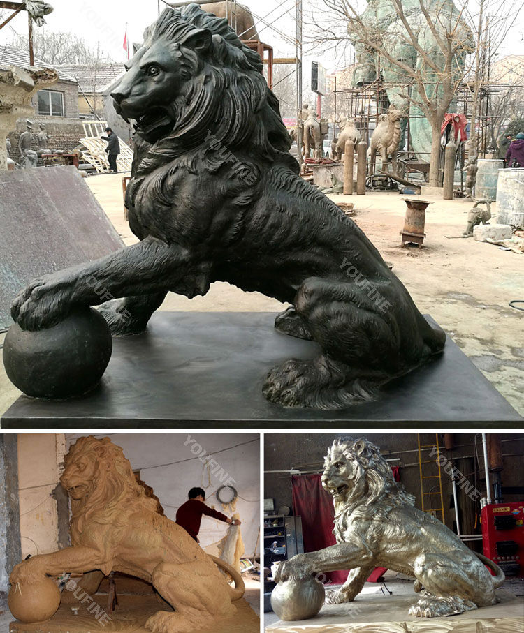 Modern Decorative Art Garden Bronze Lion With Ball Sculpture