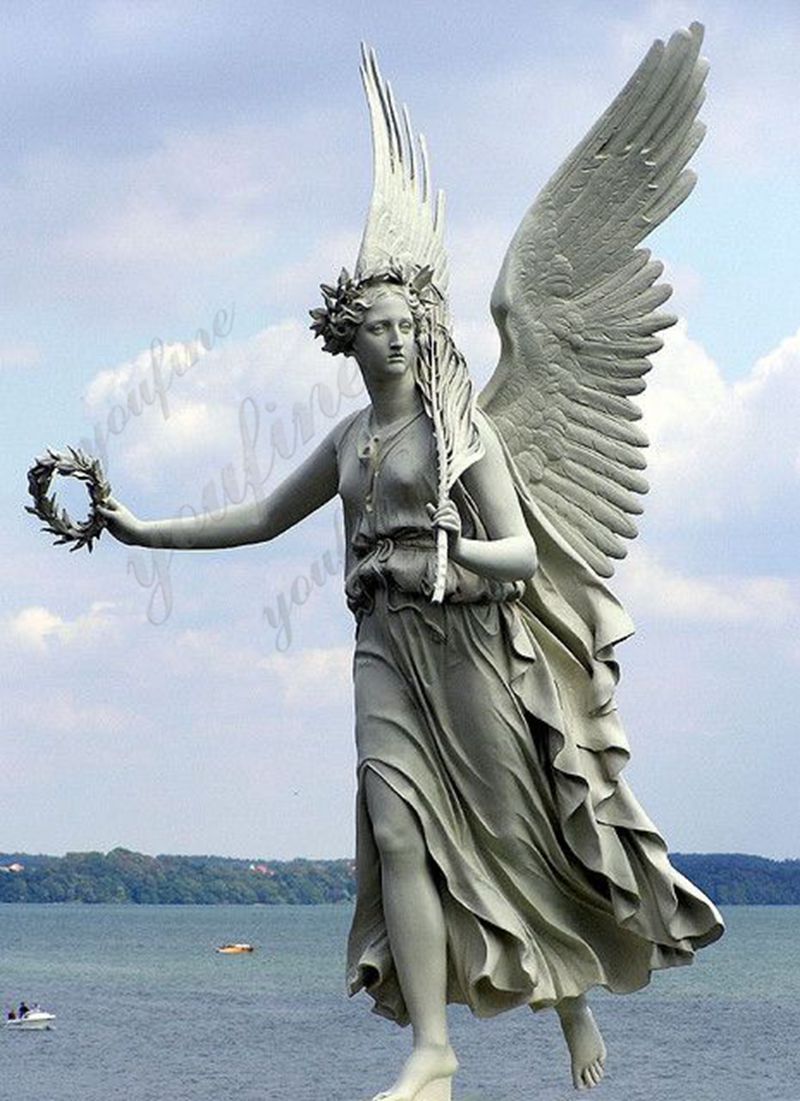 Standing Marble Angel with Laurel Crown Sculpture