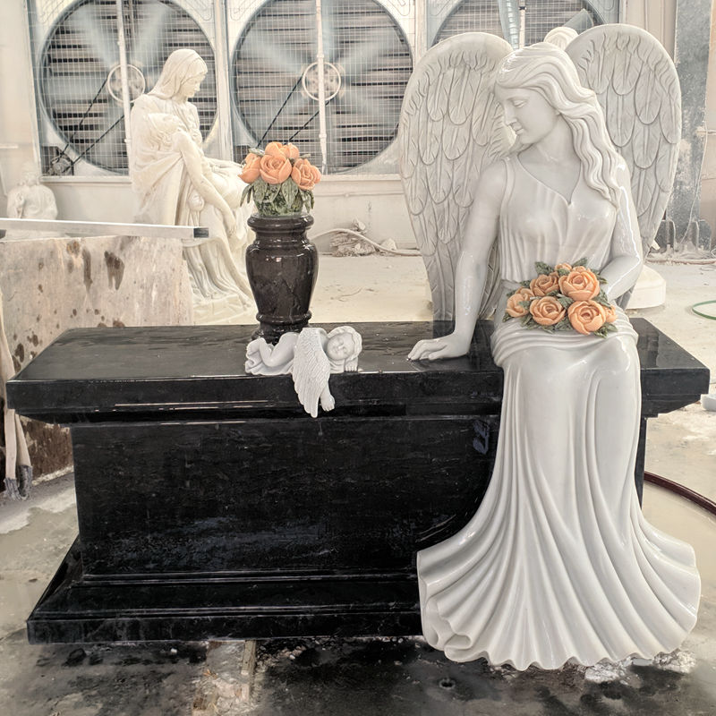 marble sitting angel with cherub statue tombstone-YouFine Sculpture