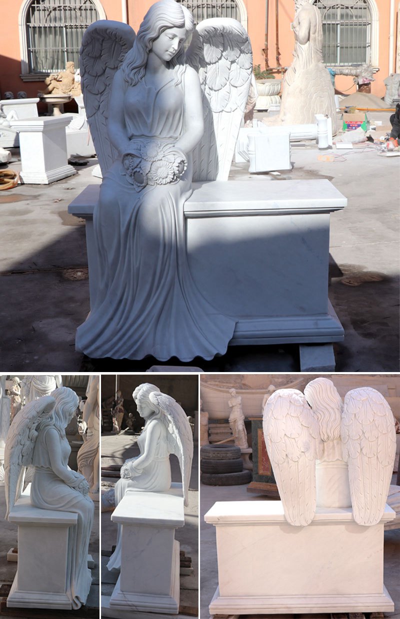 High-Quality White Marble Angel Wings Tombstone Gravestone