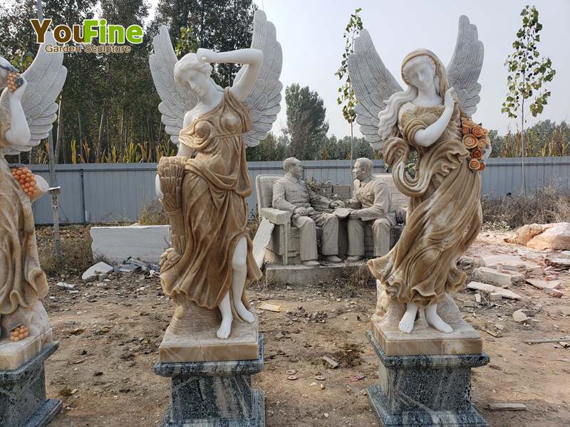 Stunning Hand-carving Technique—Marble Color Matching Four Seasons Angel Sculpture