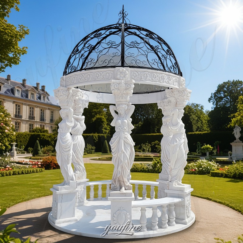 large marble gazebo with female statue