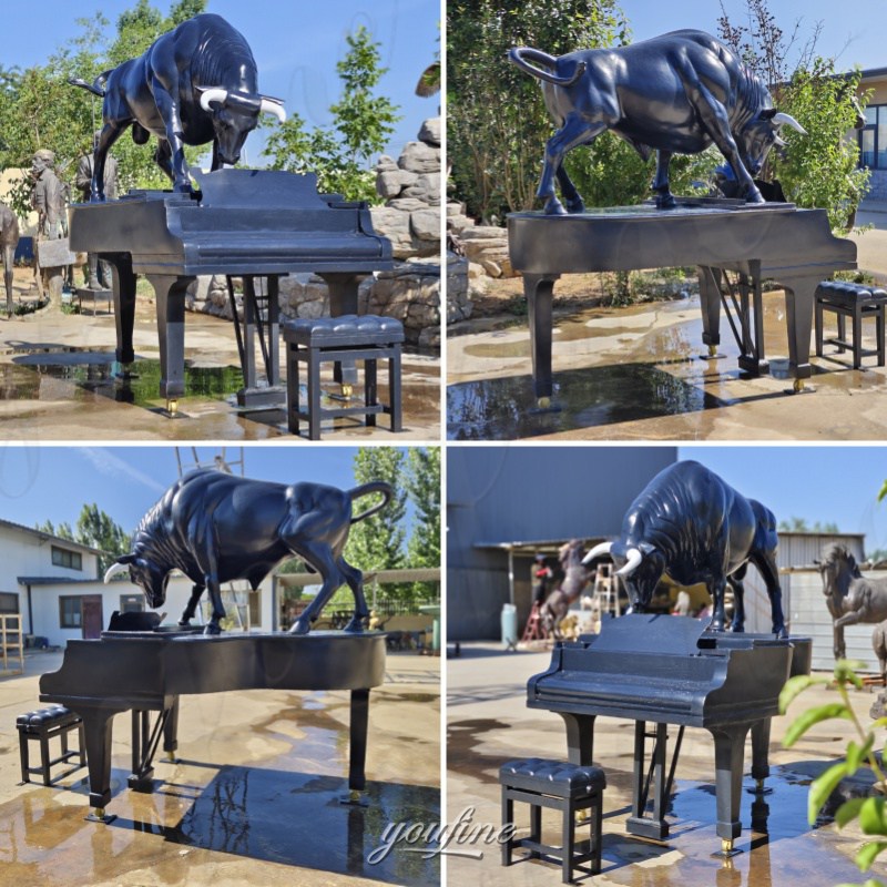 different angle of big bull statue with piano