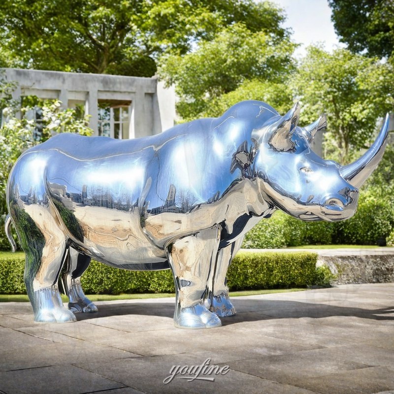 mirror metal rhino sculpture