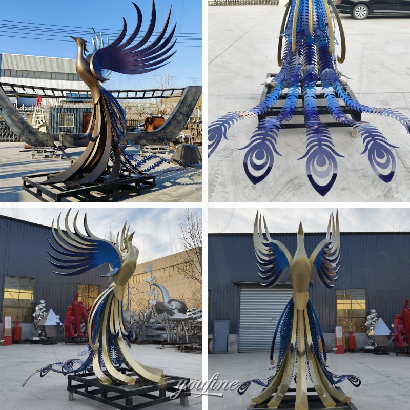 blue metal phoenix sculpture