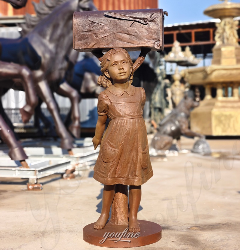bronze girl mailbox statue