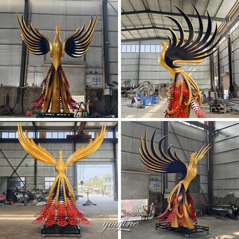different angle of metal phoenix sculpture