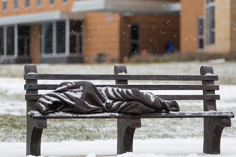 Homeless Jesus sculpture in winter