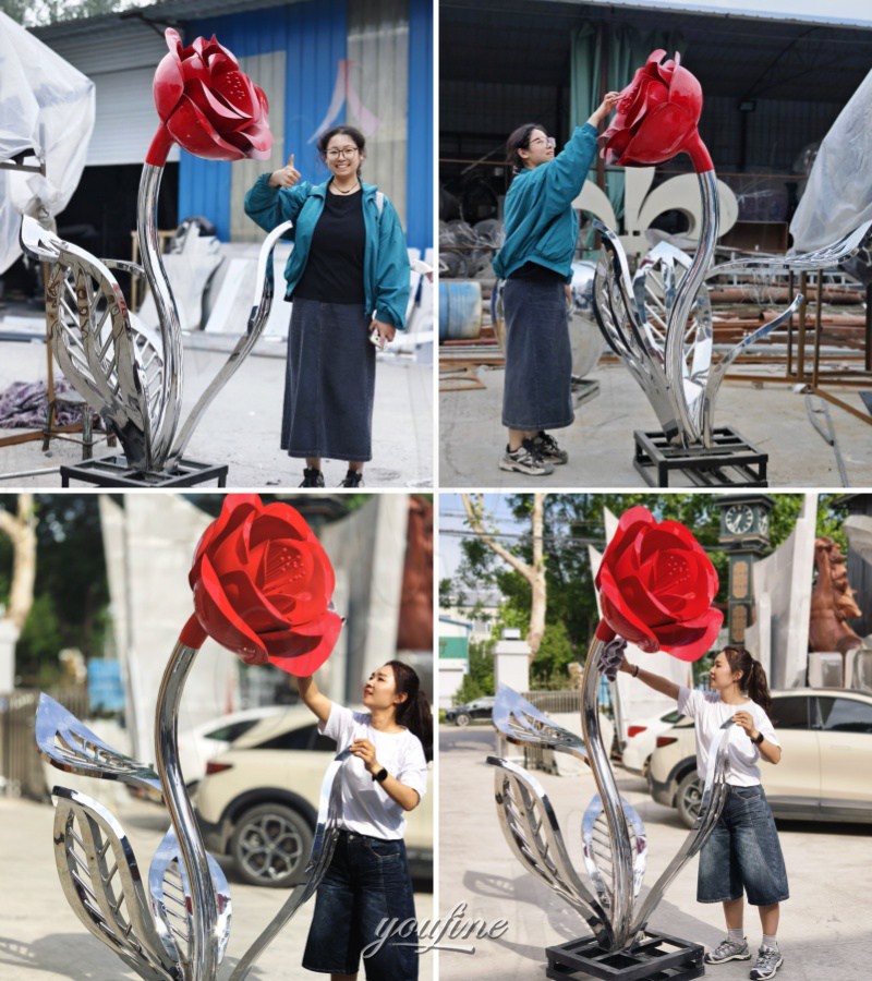 large metal flower sculpture in factory