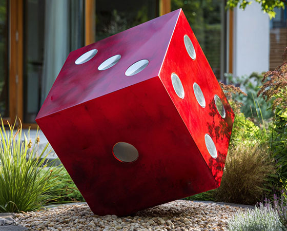 large metal red dice sculpture