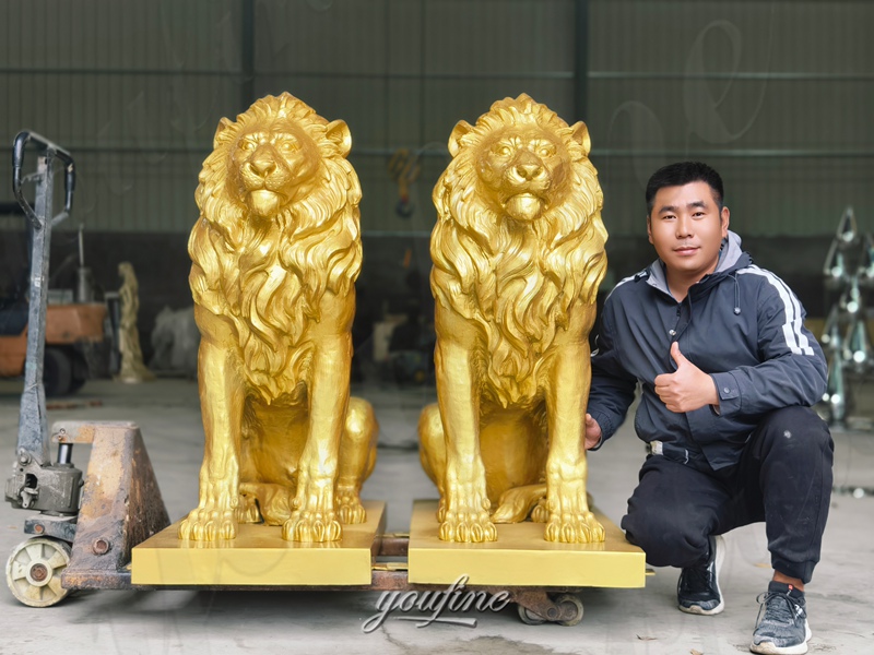 bronze golden lion statues