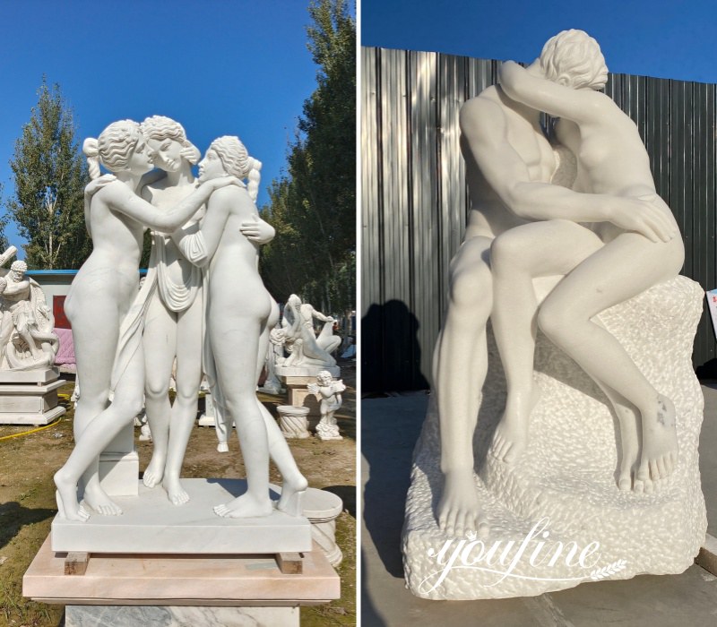 Three Graces sculpture and the kiss statue