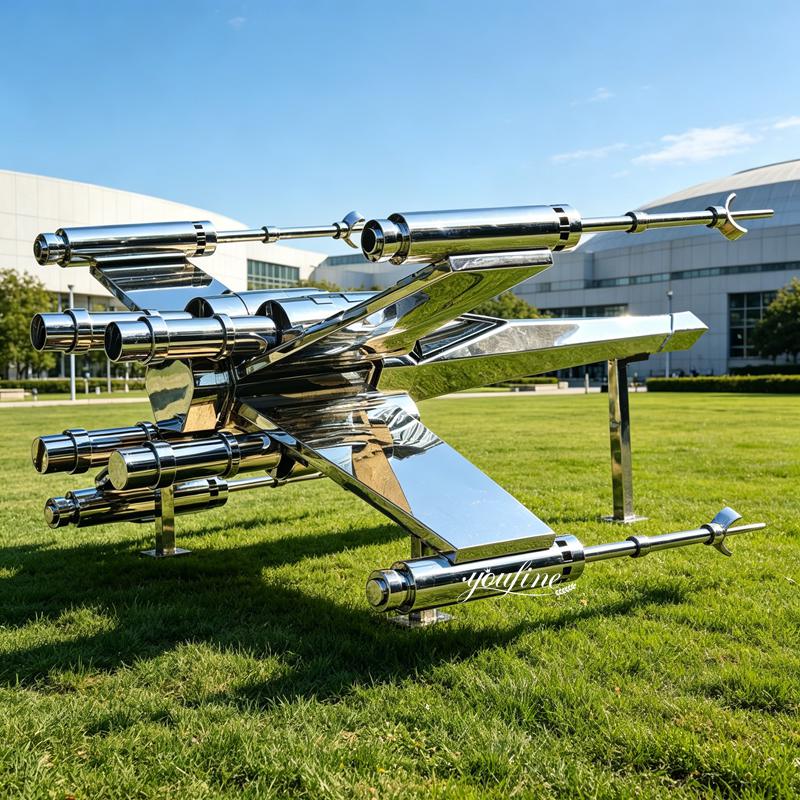 large metal X-wing fighter jet sculpture
