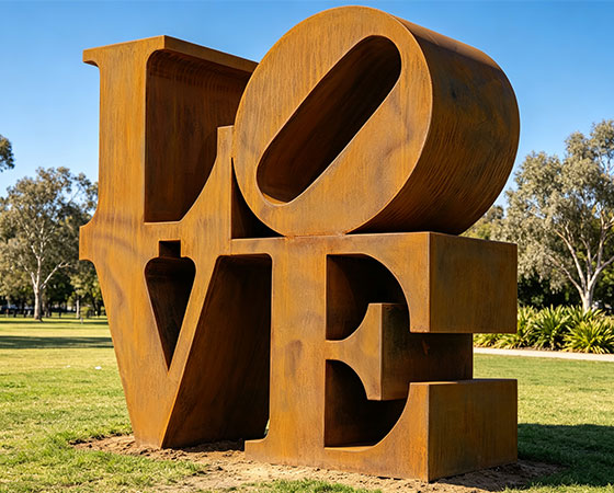 corten steel love letter sculpture