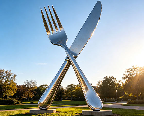 large mirror steel knife and fork sculpture