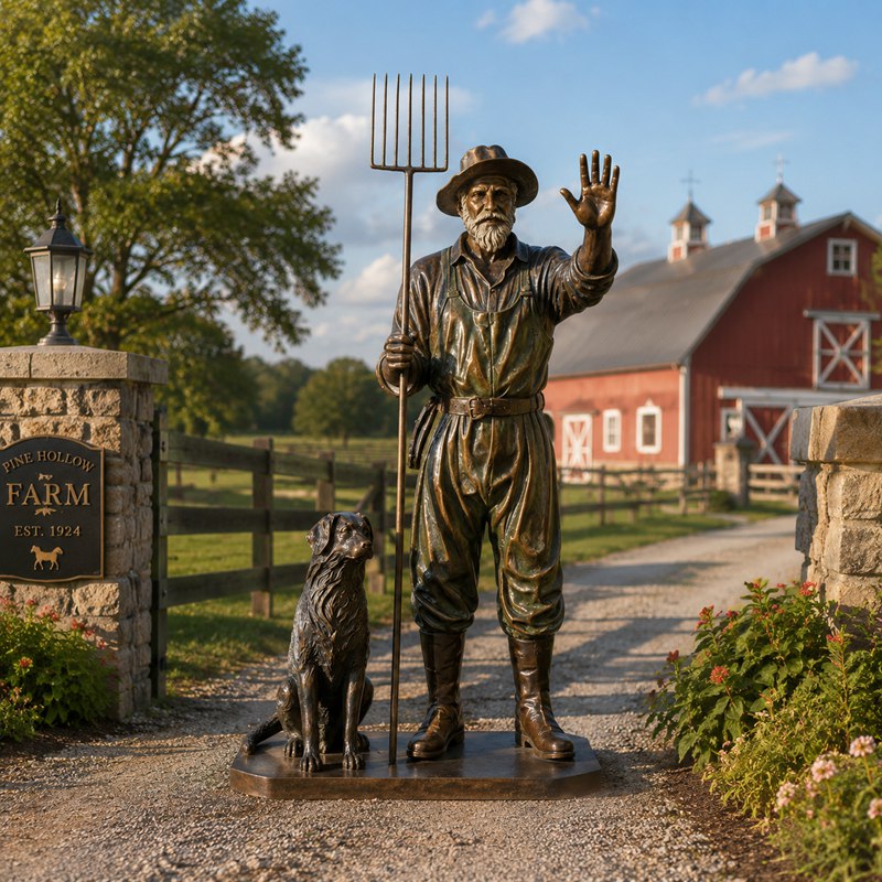 bronze farmer and dog sculpture