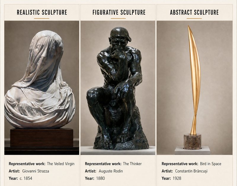 Veiled Virgin sculpture vs. bronze thinker statue vs. bird in flight sculpture