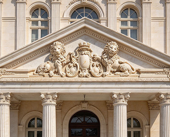 beige marble lion pediment relief