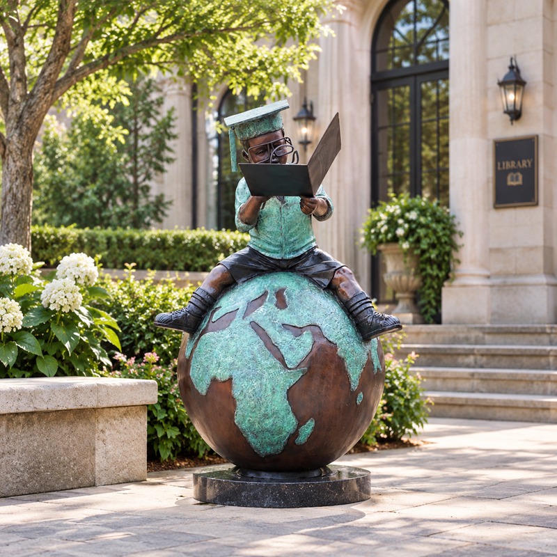 bronze boy reading book sculpture
