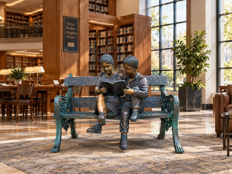 children reading book statue