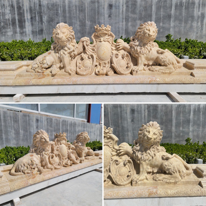 finished marble lion pediment relief
