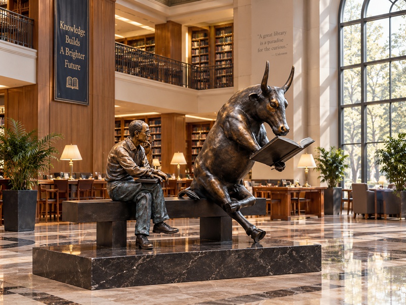 man and reading bull statue