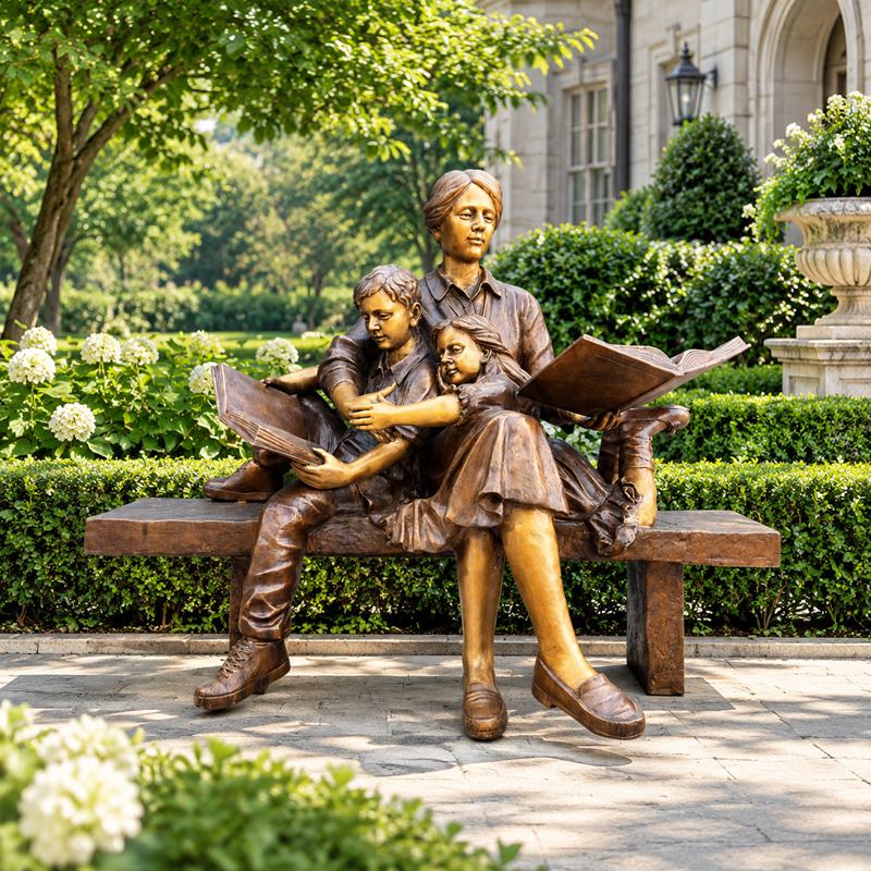 Reading Stories on Bench Bronze Statue